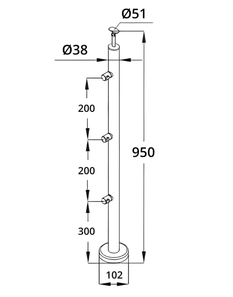 Стойка круглая AISI 304 38x1,5x950мм зерк.    3 ригеледержателя, нижнее крепление, фланец